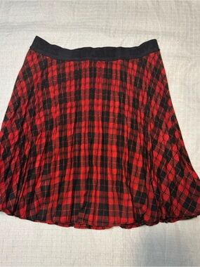 DKNY Jeans Plaid Pleated Skirt Women’s Red Black Elastic Logo Waist Preppy Small